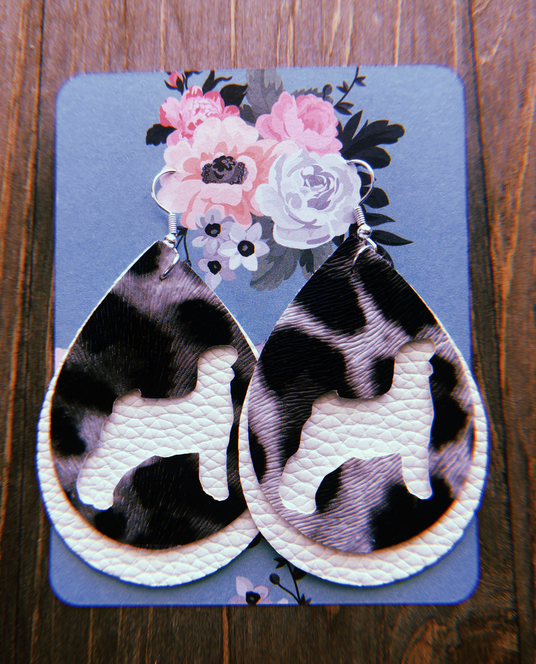 Black & Grey Cheetah Print Goat Teardrop Shaped Earrings