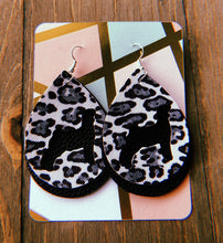 Load image into Gallery viewer, Black, Grey, &amp; White Cheetah Print Goat Teardrop Shaped Earrings
