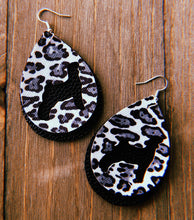 Load image into Gallery viewer, Black, Grey, &amp; White Cheetah Print Goat Teardrop Shaped Earrings
