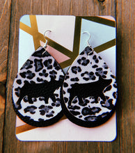 Load image into Gallery viewer, Black, Grey, &amp; White Cheetah Print Pig Teardrop Shaped Earrings
