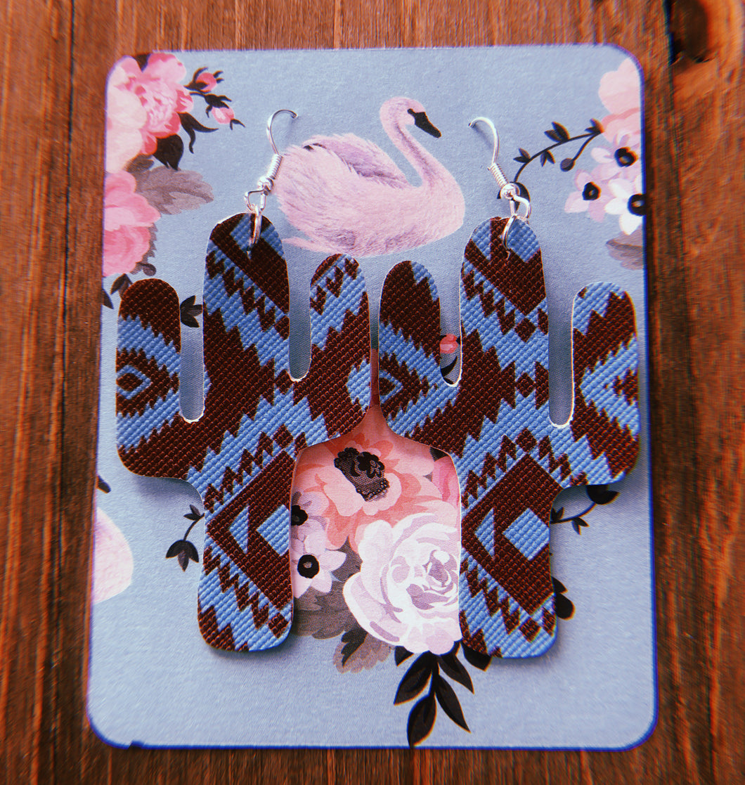 Vibrant Blue & Dark Brown Aztec Cactus Earrings