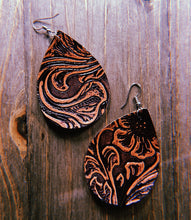 Load image into Gallery viewer, Dark Brown With Light Red/Tan Floral Accent Textured/Stamped Earrings
