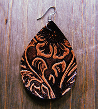 Load image into Gallery viewer, Dark Brown With Light Red/Tan Floral Accent Textured/Stamped Earrings
