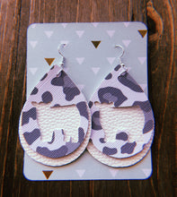 Load image into Gallery viewer, Grey Cheetah Print Cow Teardrop Shaped Earrings
