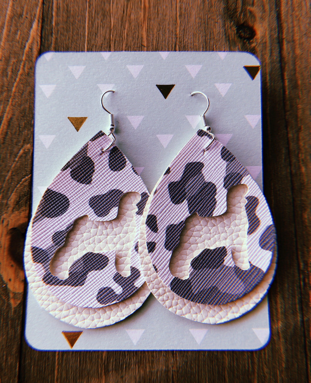 Grey Cheetah Print Goat Teardrop Shaped Earrings