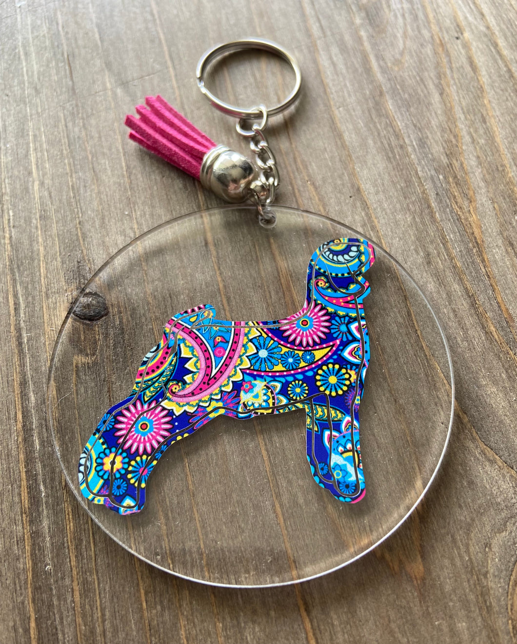 Vibrant Paisley Goat Clear Circle Keychain