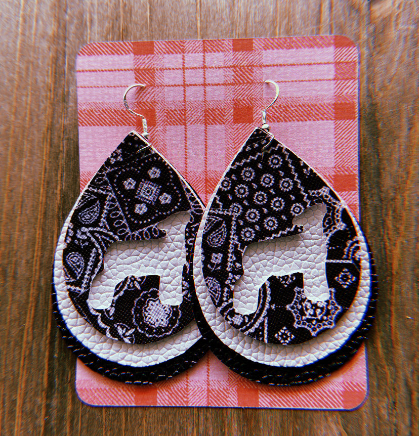 Black & White Paisley Lamb Teardrop Shaped Earrings