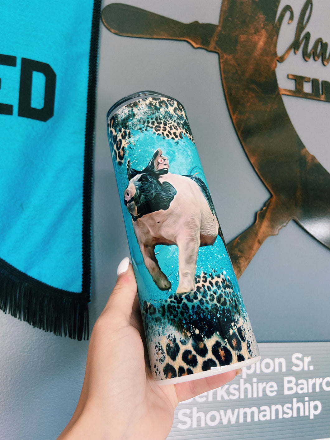 Distressed Cheetah Print & Turquoise Crossbred Tumbler