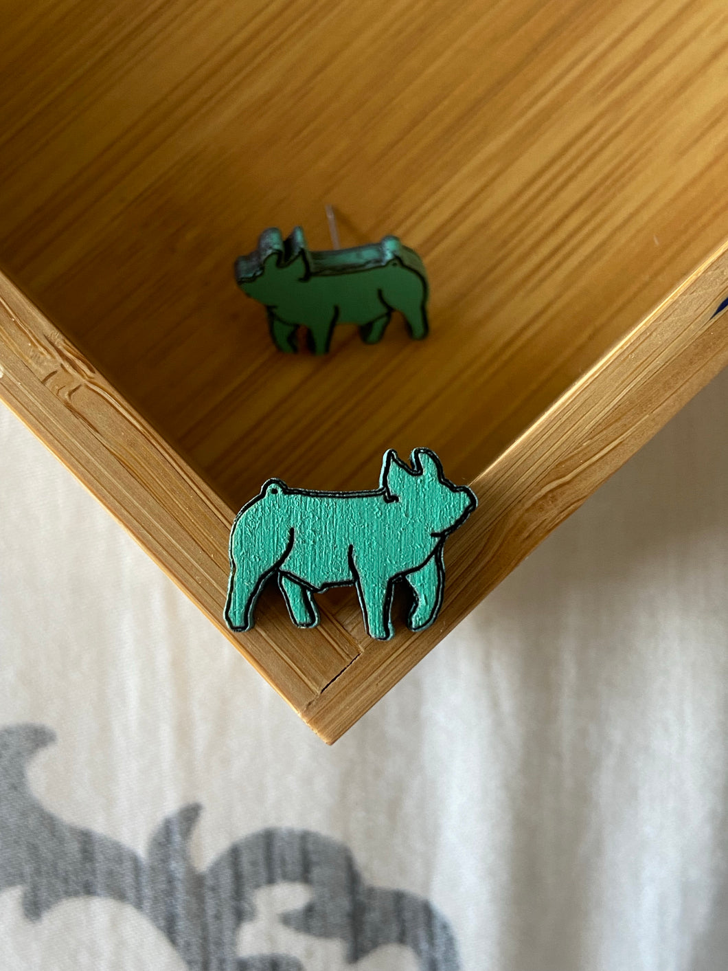 Turquoise Pig Wooden Stud Earrings