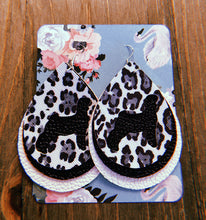 Load image into Gallery viewer, Black, Grey, &amp; White Cheetah Print Goat Teardrop Shaped Earrings
