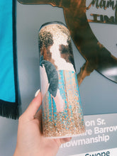 Load image into Gallery viewer, Cowhide &amp; Teal Distressed Wood Crossbred Tumbler
