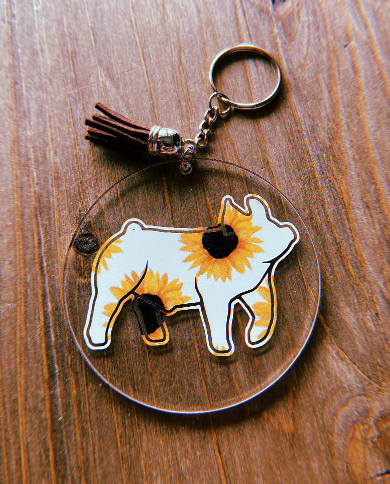 Sunflower Pig Clear Circle Keychain