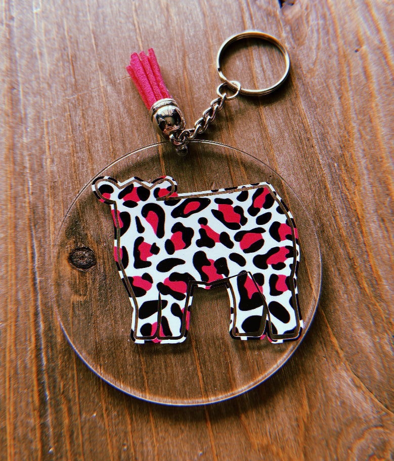 Cheetah Print Cow Clear Circle Keychain