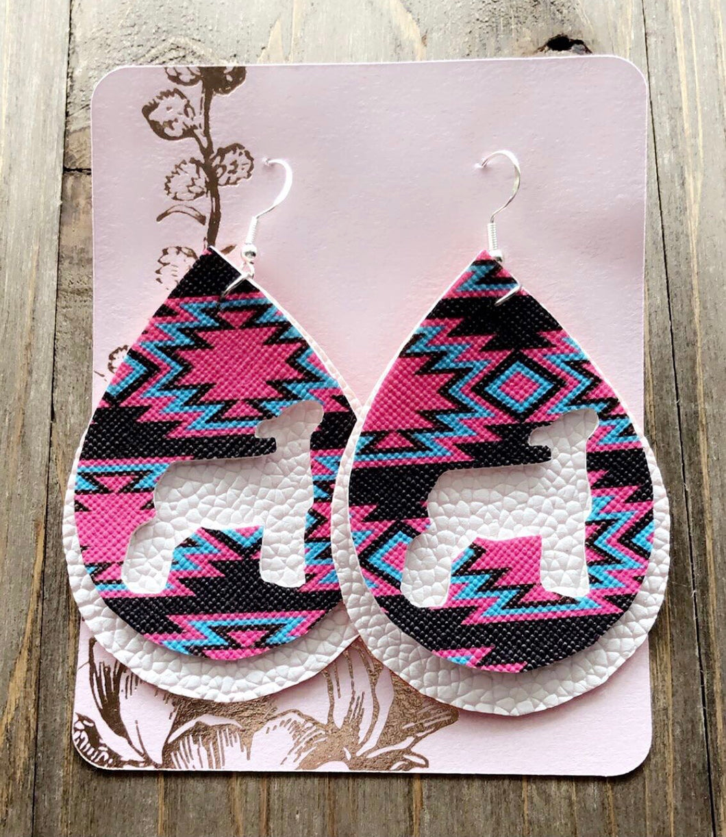 Vibrant Blue, Hot Pink & Dark Brown Aztec Lamb Teardrop Shaped Earrings