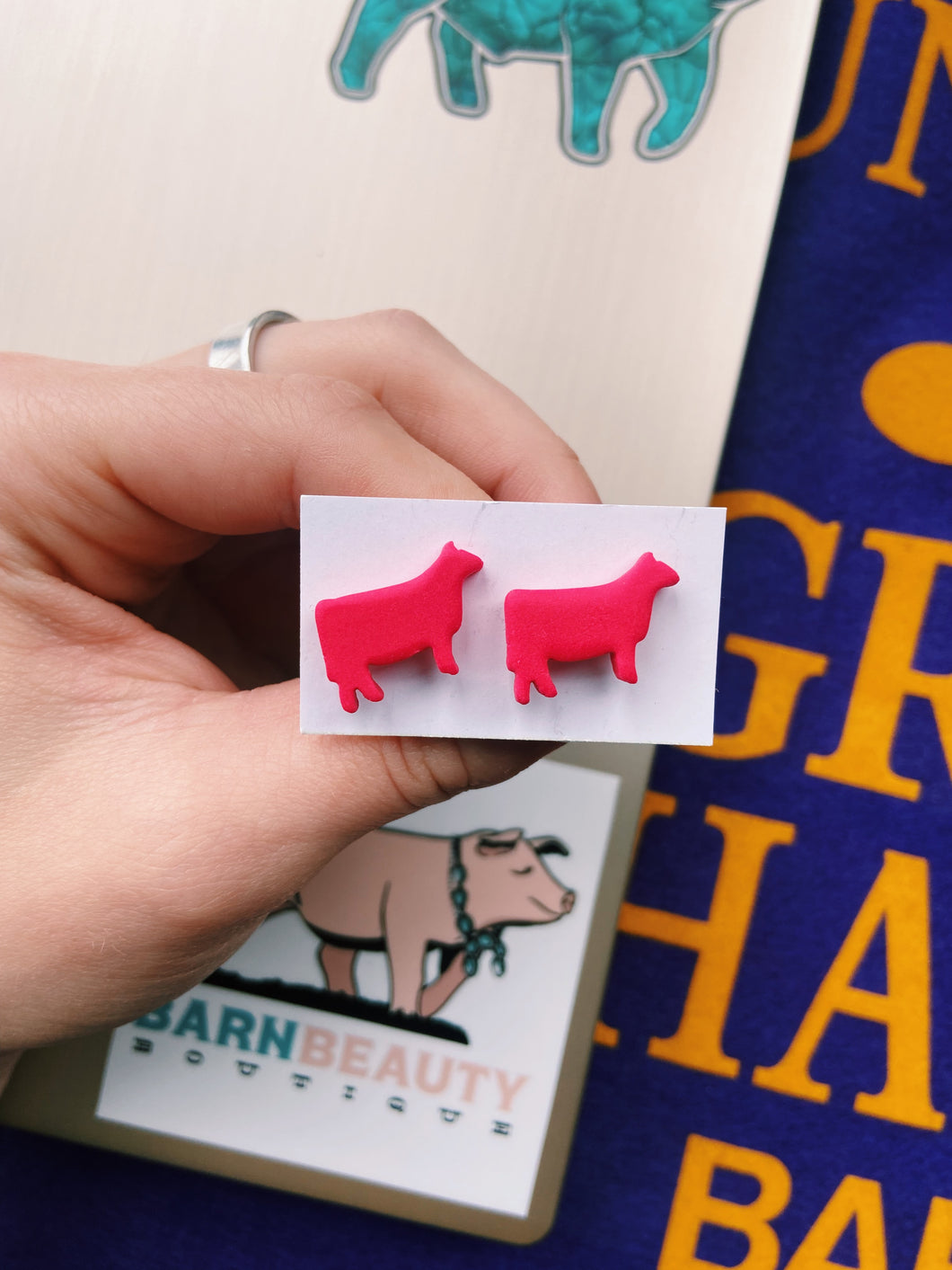 Hot Pink Cow Stud Earrings