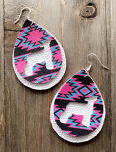 Load image into Gallery viewer, Vibrant Blue, Hot Pink &amp; Dark Brown Aztec Lamb Teardrop Shaped Earrings
