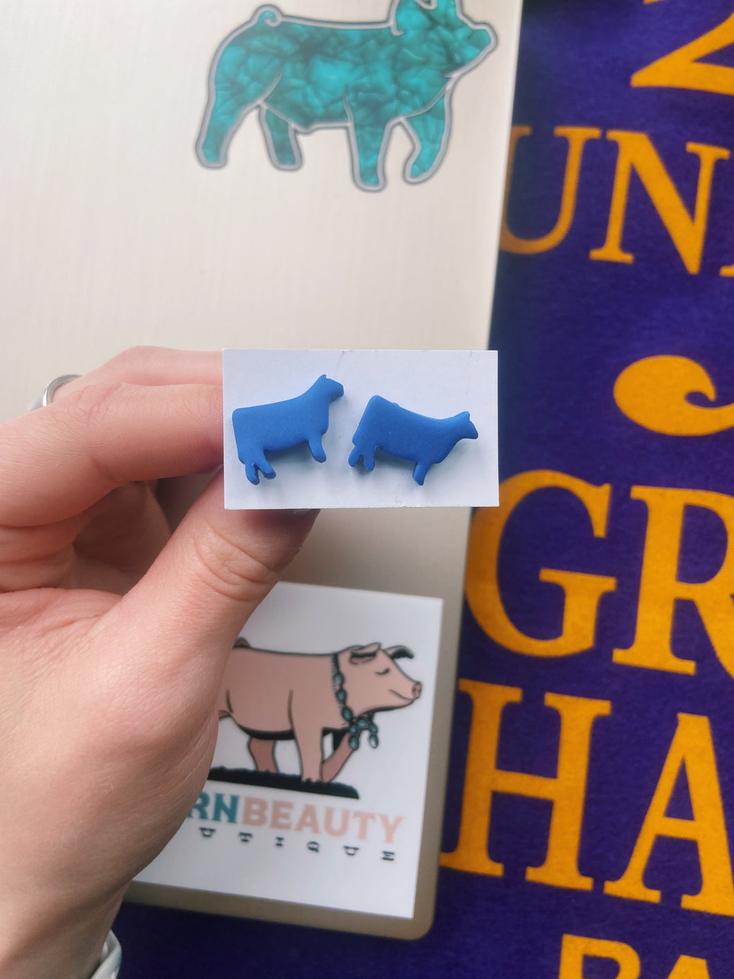 Medium Blue Cow Clay Stud Earrings
