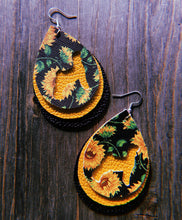 Load image into Gallery viewer, Black Sunflower Goat Teardrop Shaped Earrings
