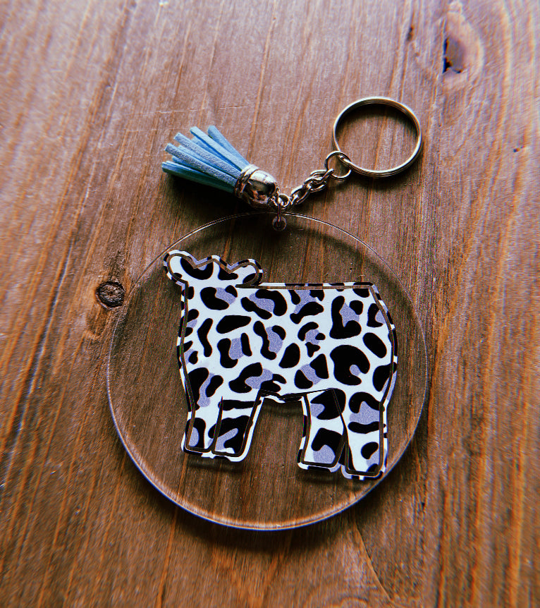 Cheetah Print Cow Clear Circle Keychain