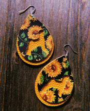 Load image into Gallery viewer, Black Sunflower Goat Teardrop Shaped Earrings
