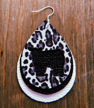 Load image into Gallery viewer, Black, Grey, &amp; White Cheetah Print Cow Teardrop Shaped Earrings
