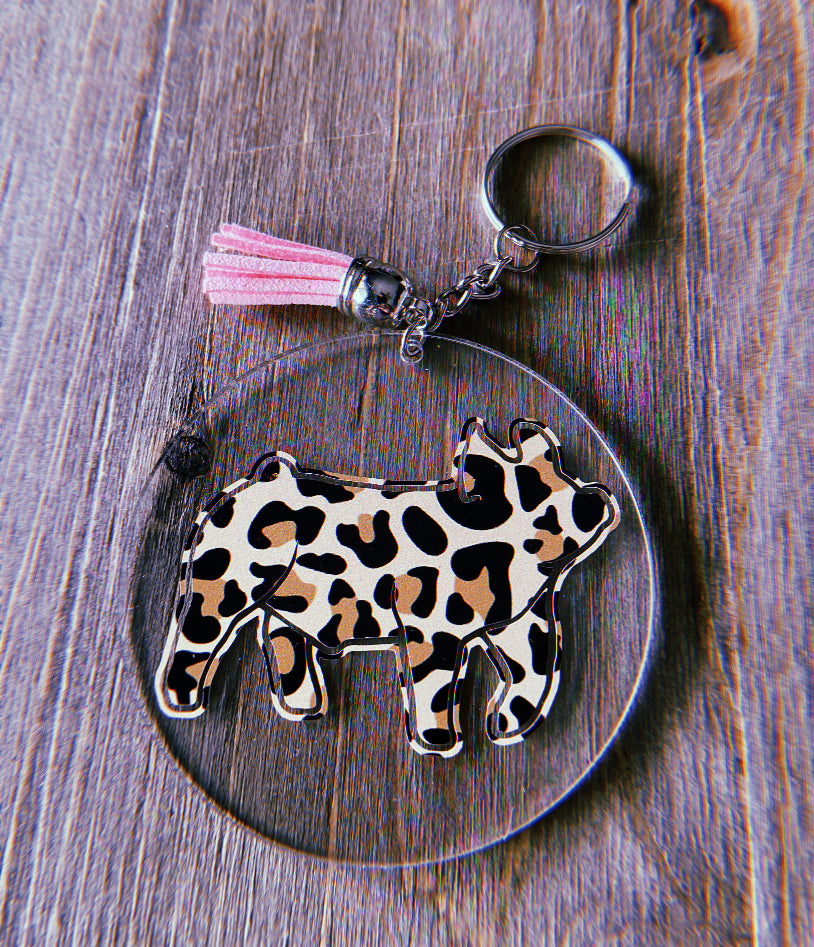 Cheetah Print Pig Clear Circle Keychain