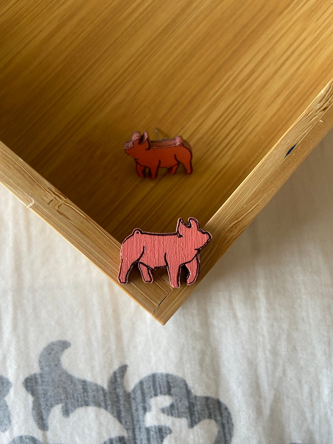 Peach Pig Wooden Stud Earrings