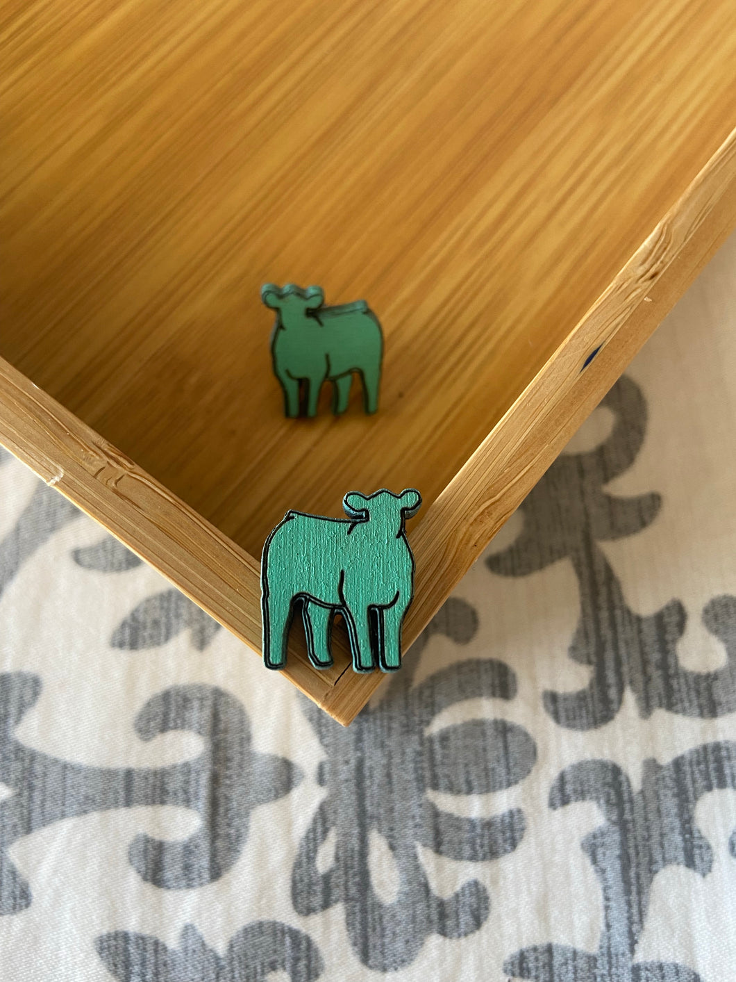 Turquoise Cow Wooden Stud Earrings