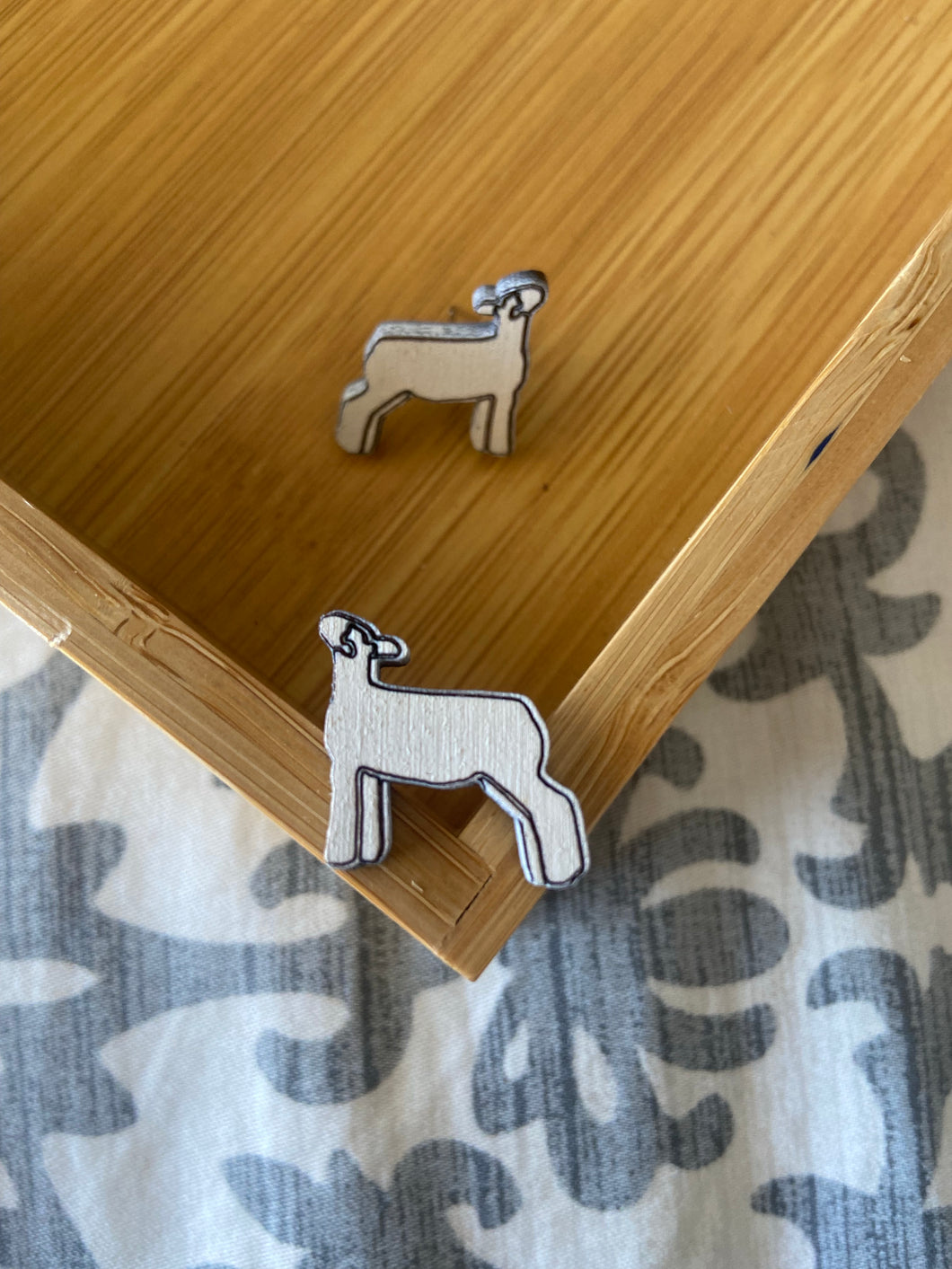 White Lamb Wooden Stud Earrings