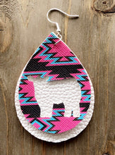 Load image into Gallery viewer, Vibrant Blue, Hot Pink &amp; Dark Brown Aztec Cow Teardrop Shaped Earrings
