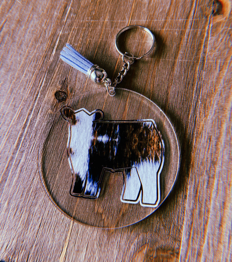 Cowhide Cow Clear Circle Keychain