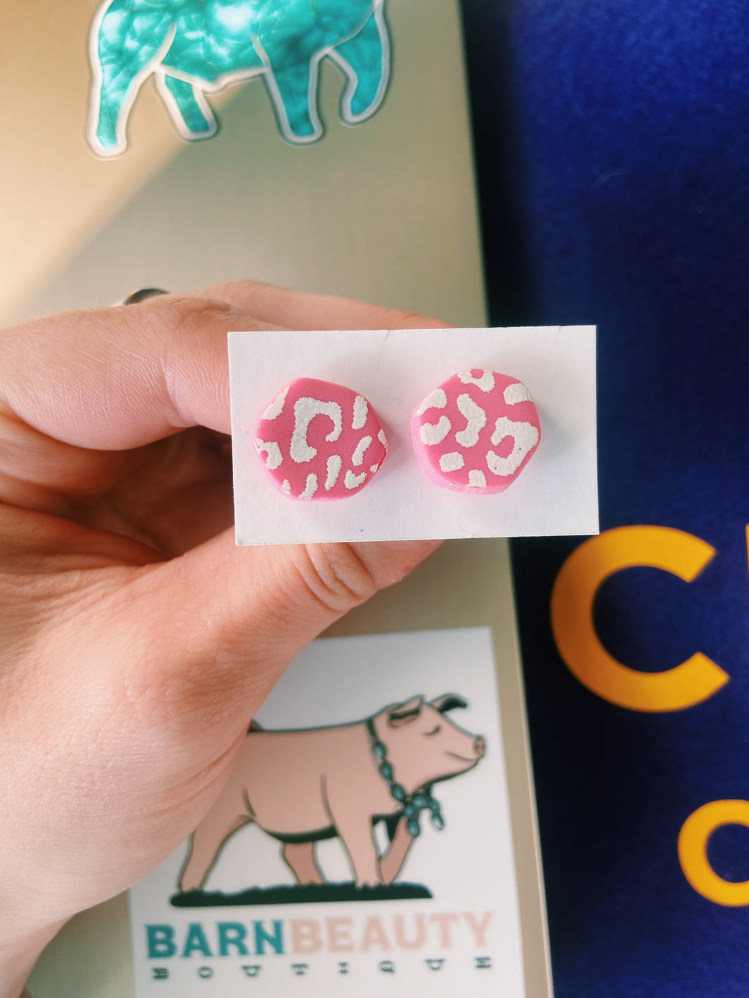 Pink & White Cheetah Print Clay Stud Earrings