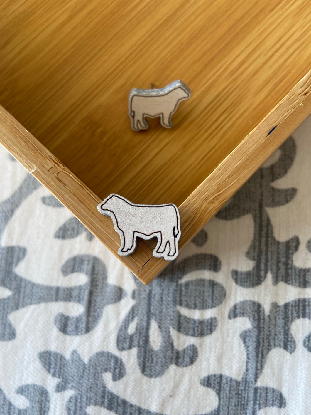 White Steer Wooden Stud Earrings