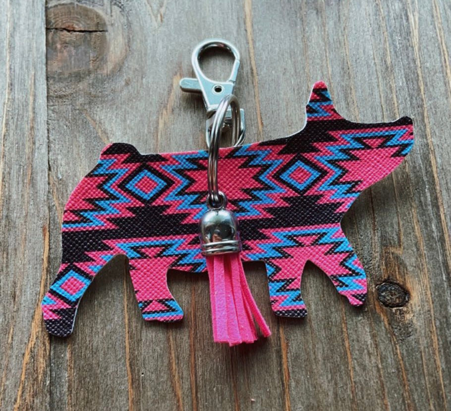 Vibrant Blue, Hot Pink, & Dark Brown Aztec Pig Keychain