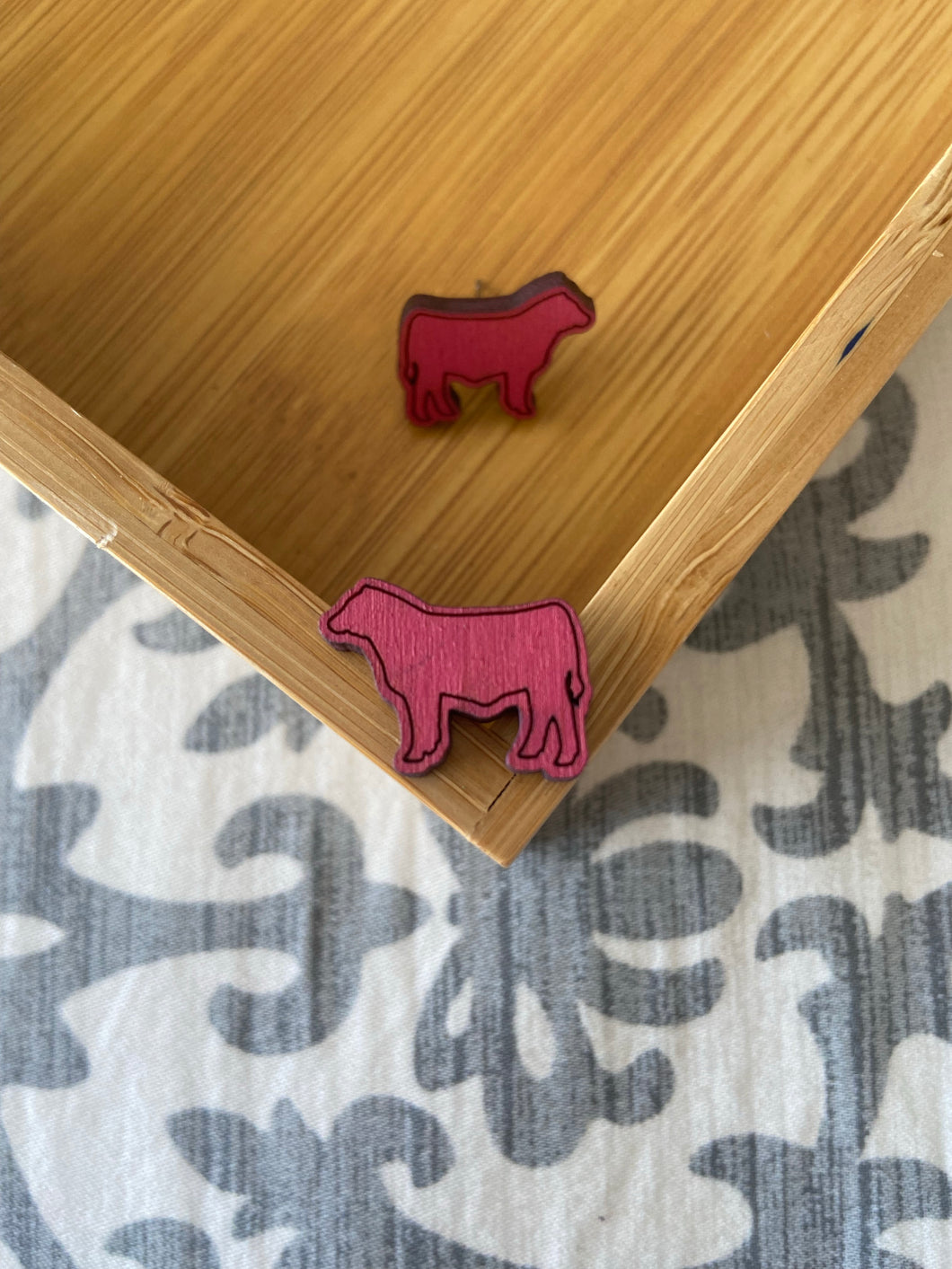 Magenta Steer Wooden Stud Earrings