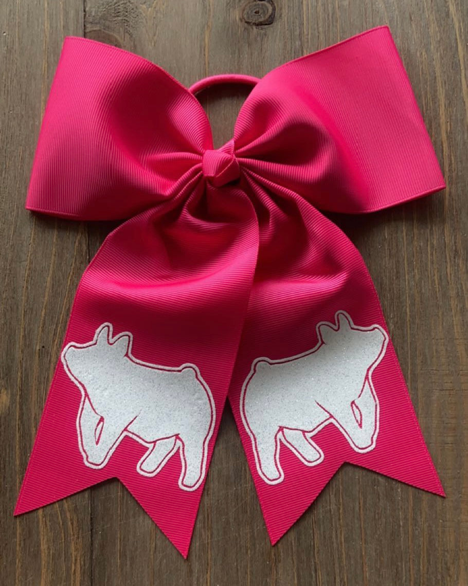 Hot Pink & Sparkly White Pig Hair Tie Bow