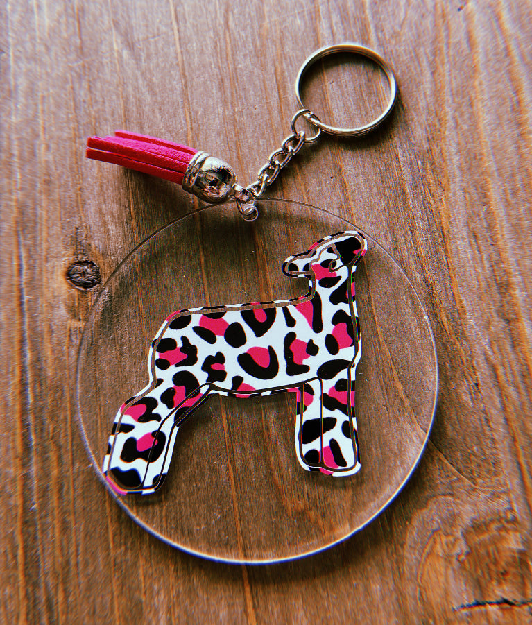 Cheetah Print Lamb Clear Circle Keychain