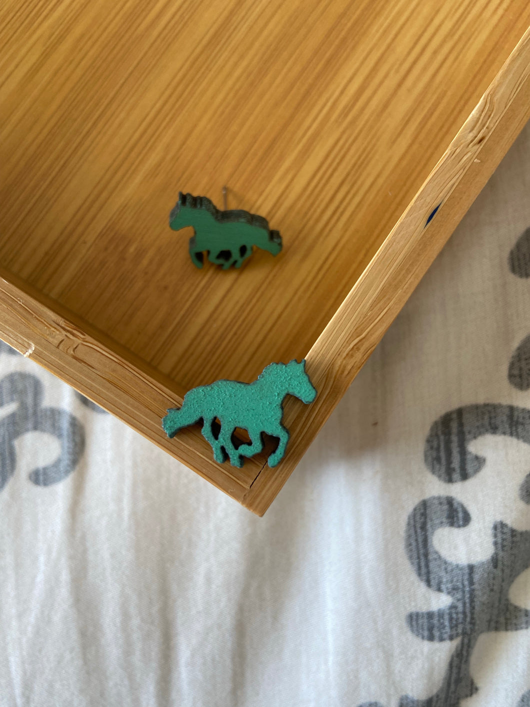 Turquoise Horse Wooden Stud Earrings