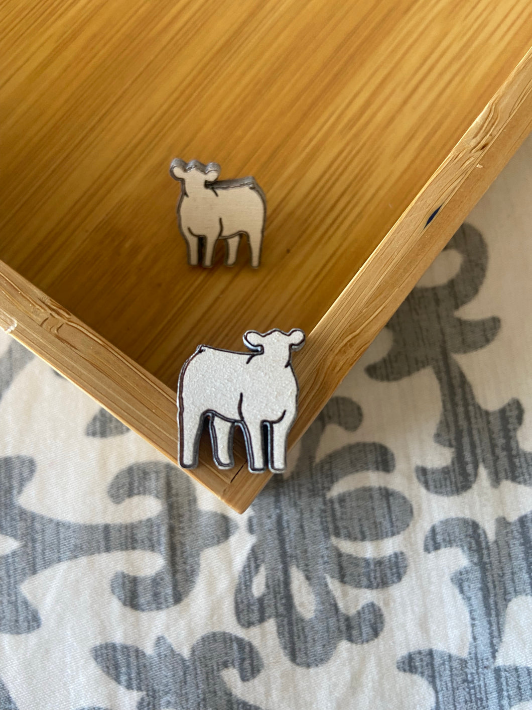 White Cow Wooden Stud Earrings