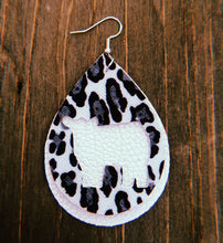 Load image into Gallery viewer, Black, Grey, &amp; White Cheetah Print Cow Teardrop Shaped Earrings
