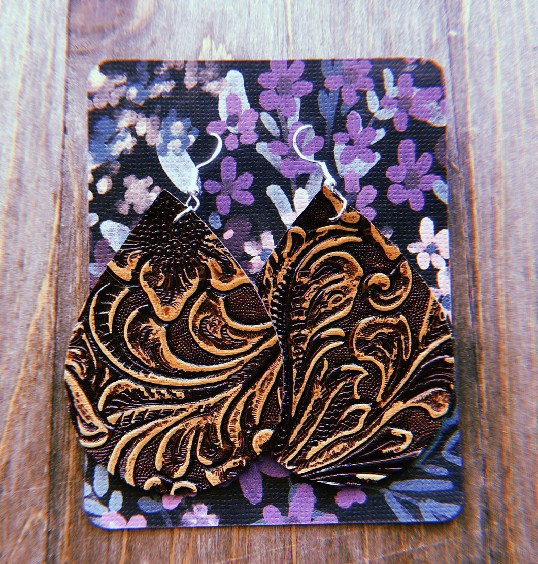 Dark Chocolate Brown With Light Tan Accent Stamped/Textured Earrings