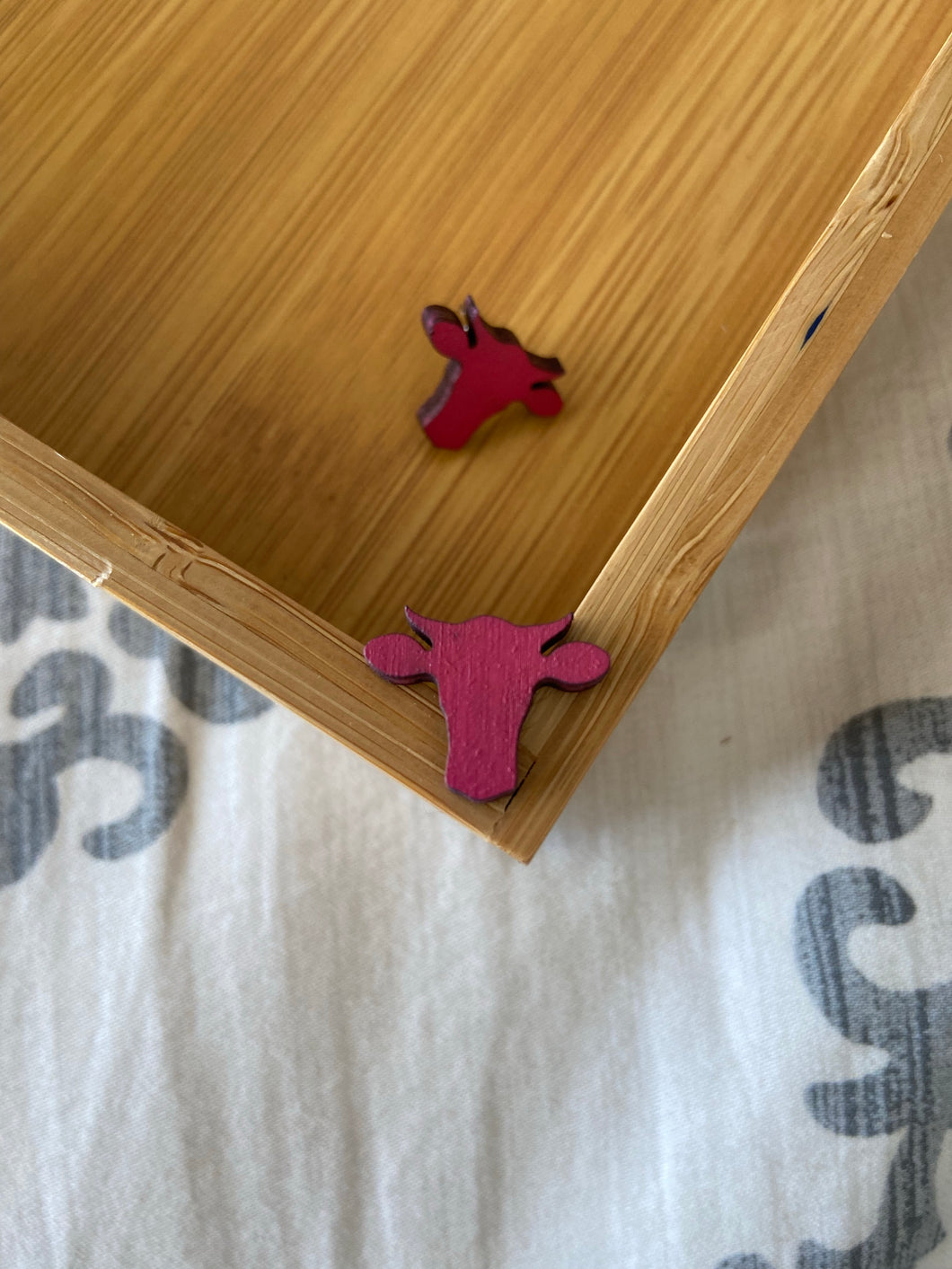 Magenta Cow Head Wooden Stud Earrings