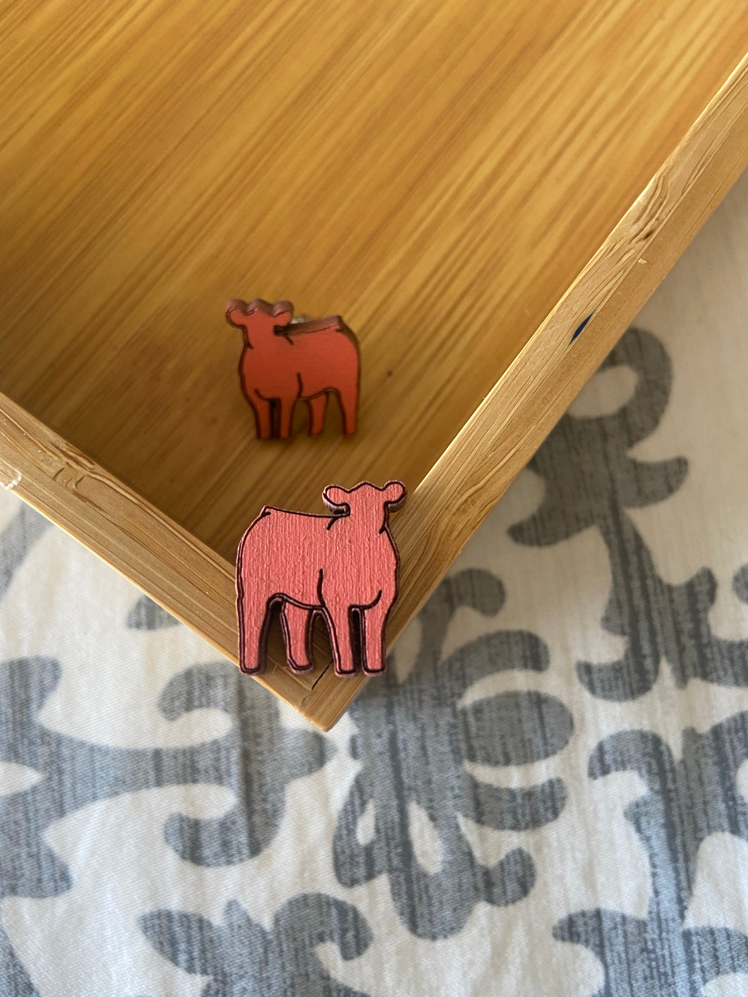 Peach Cow Wooden Stud Earrings