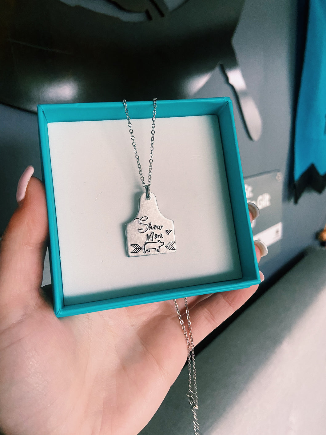 Show Mom Pig Ear Tag Necklace