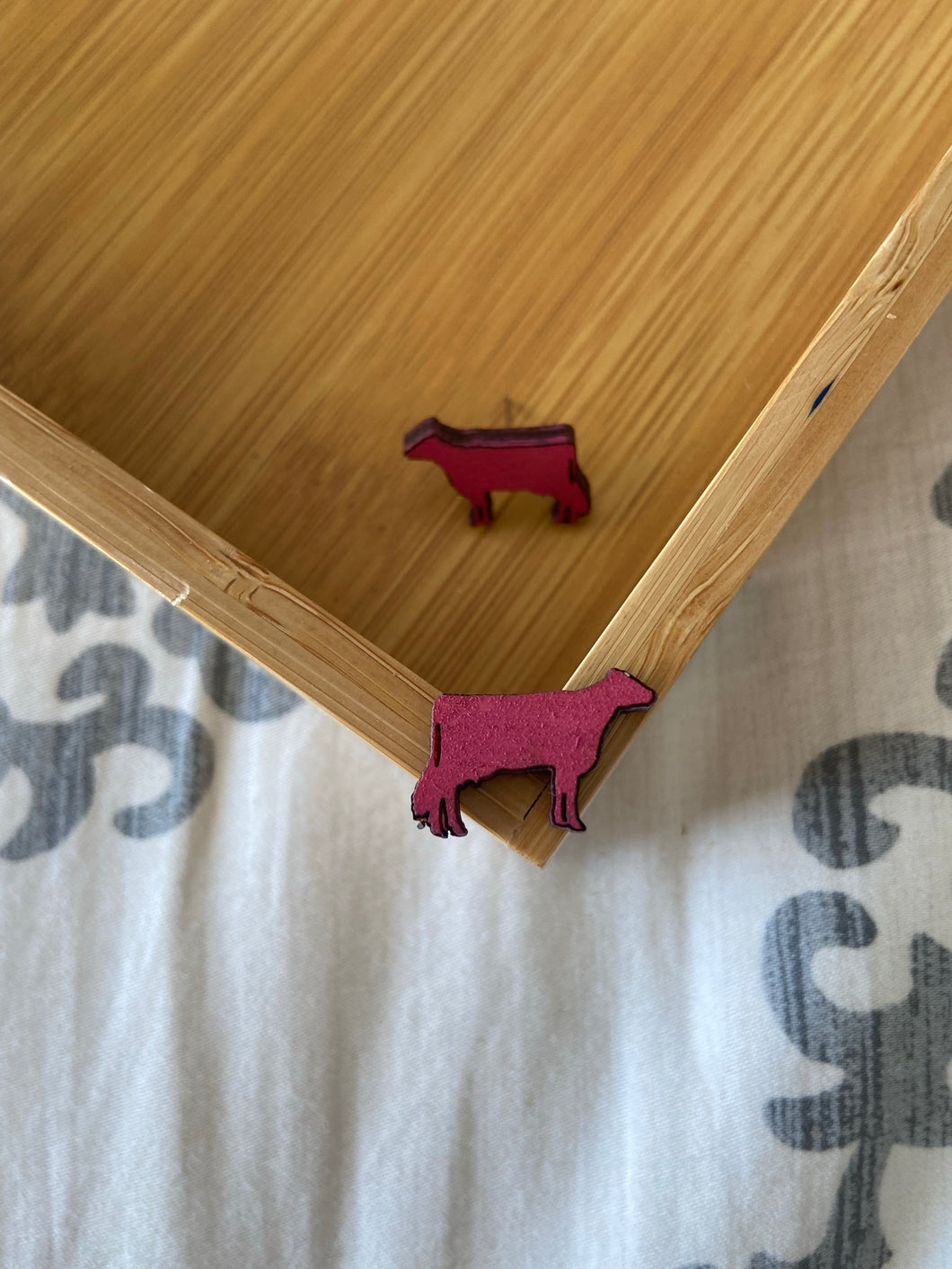 Magenta Dairy Cow Wooden Stud Earrings