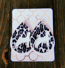 Load image into Gallery viewer, Black, Grey, &amp; White Cheetah Print Goat Teardrop Shaped Earrings
