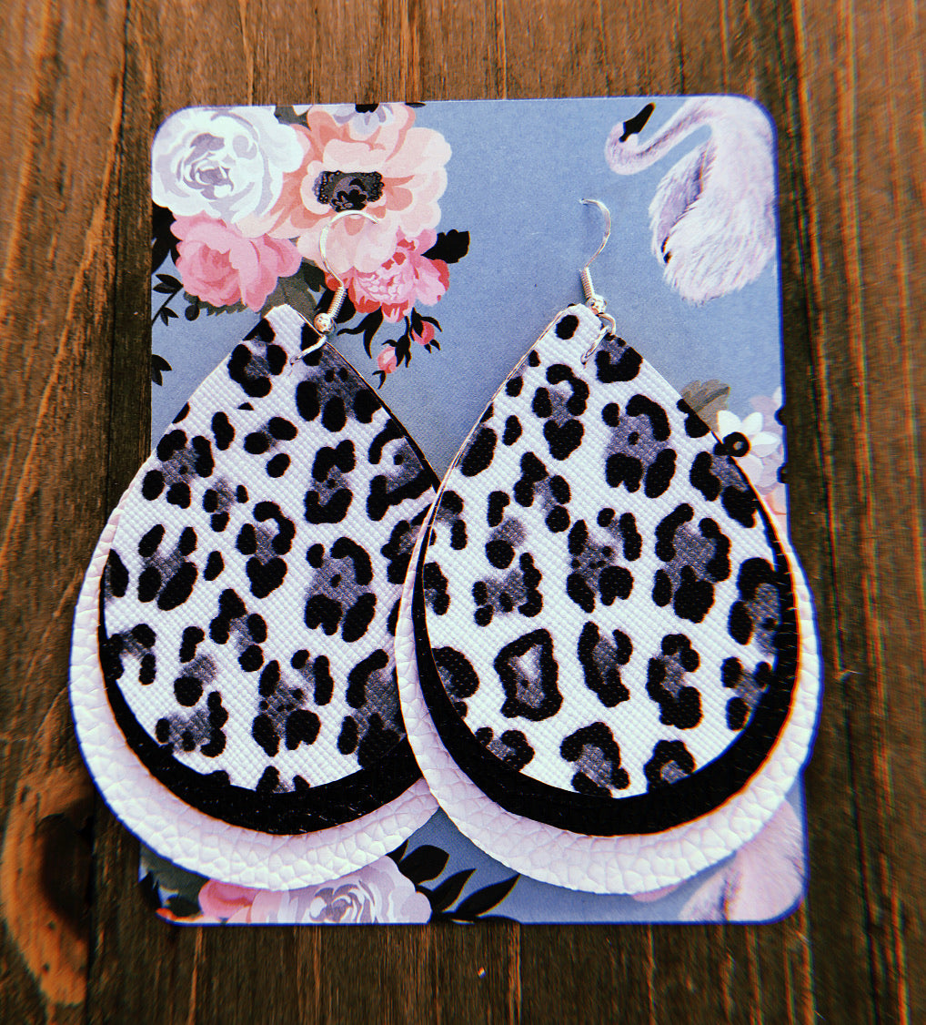 Black, Grey, & White Cheetah Print Teardrop Shaped Earrings