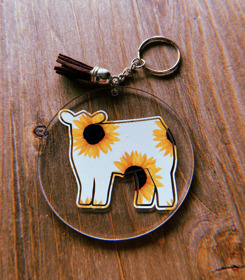 Sunflower Cow Clear Circle Keychain