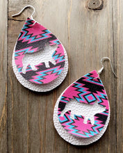 Load image into Gallery viewer, Vibrant Blue, Hot Pink &amp; Dark Brown Aztec Pig Teardrop Shaped Earrings
