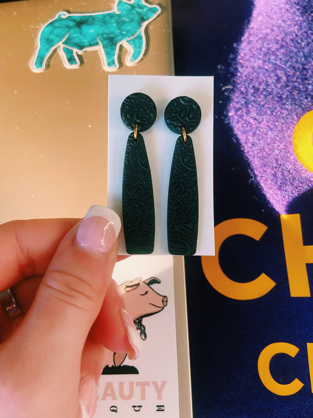 Black Dangling Clay Stud Earrings